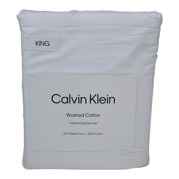 Calvin Klein Washed Cotton 4 Piece King Sheet Set 300 Thread Count White - Picture 8 of 8